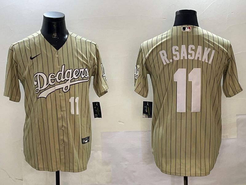 Men Los Angeles Dodgers #11 R.Sasaki Yellow Stripe Fashion Game 2025 Nike MLB Jersey style 4